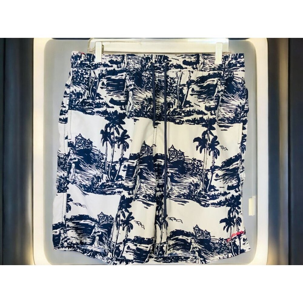 Coast Swim Trunks Blue White Tropical Print Elastic Waistband Mesh Lining Men XL